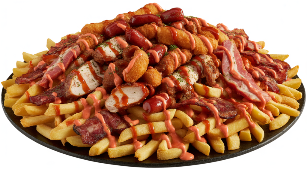 Authentic Colombian Salchipapa Costeña with assorted meats and sauces, presented as a hero image.