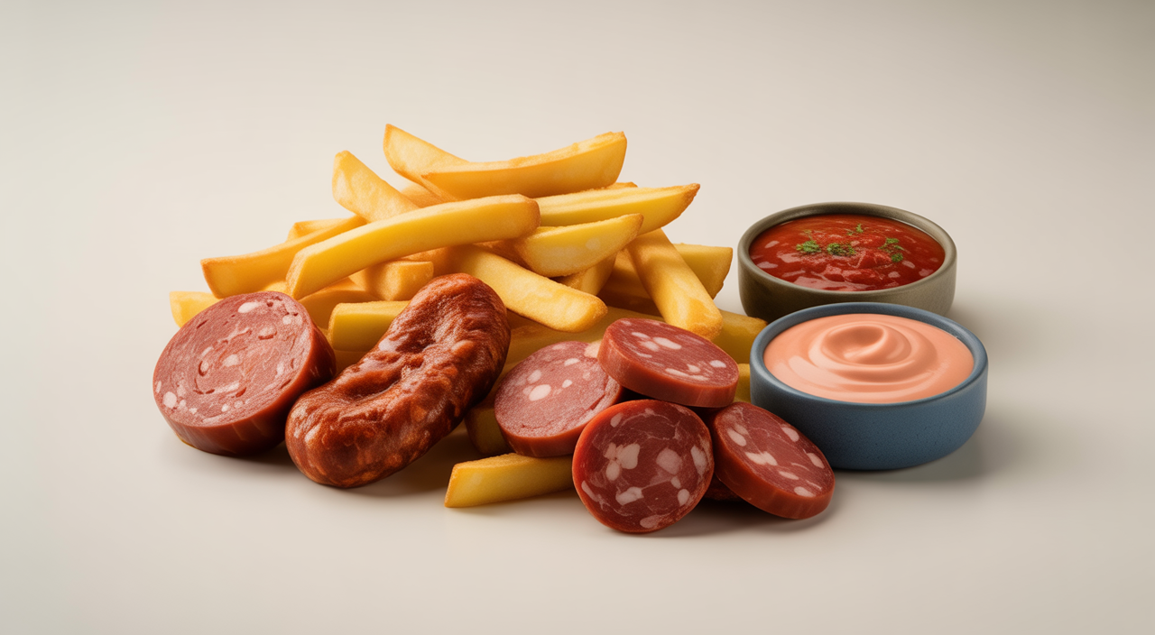 Salchipapa costeña de La Marimonda del Mono en Bogotá con varias carnes y salsas sobre una mesa de madera