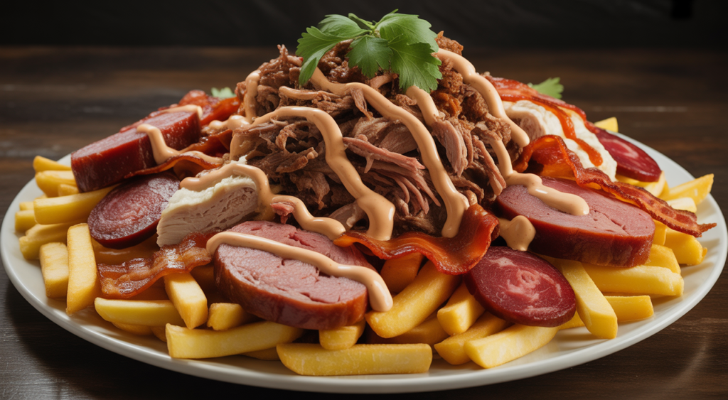 Abundant and authentic Colombian coastal salchipapas with various meats and sauces, presented on a clean white background.