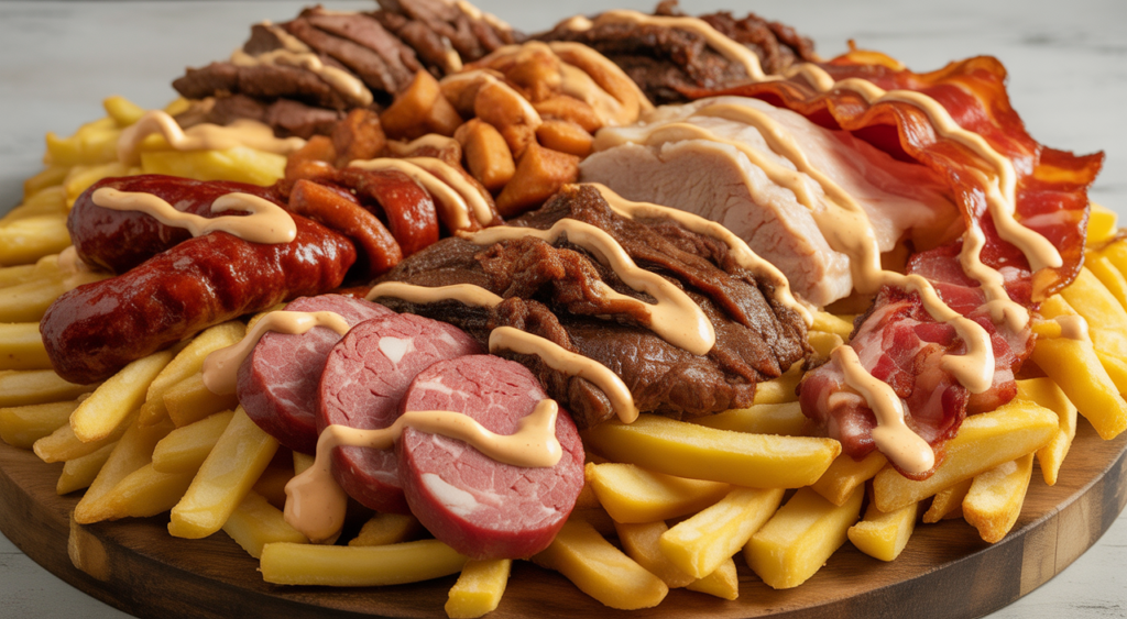 Abundant and colorful Salchipapa Costeña platter with various meats and sauces.