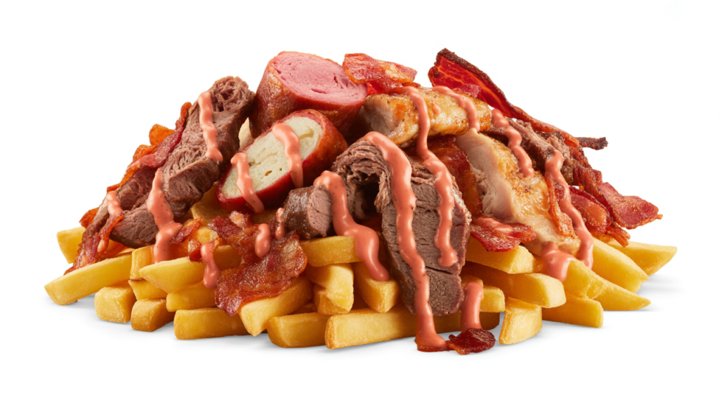 Professional photo of a gourmet Salchipapa Costeña with crispy fries, various meats like butifarra, chorizo, beef, chicken, bacon, and sauces on a white plate.