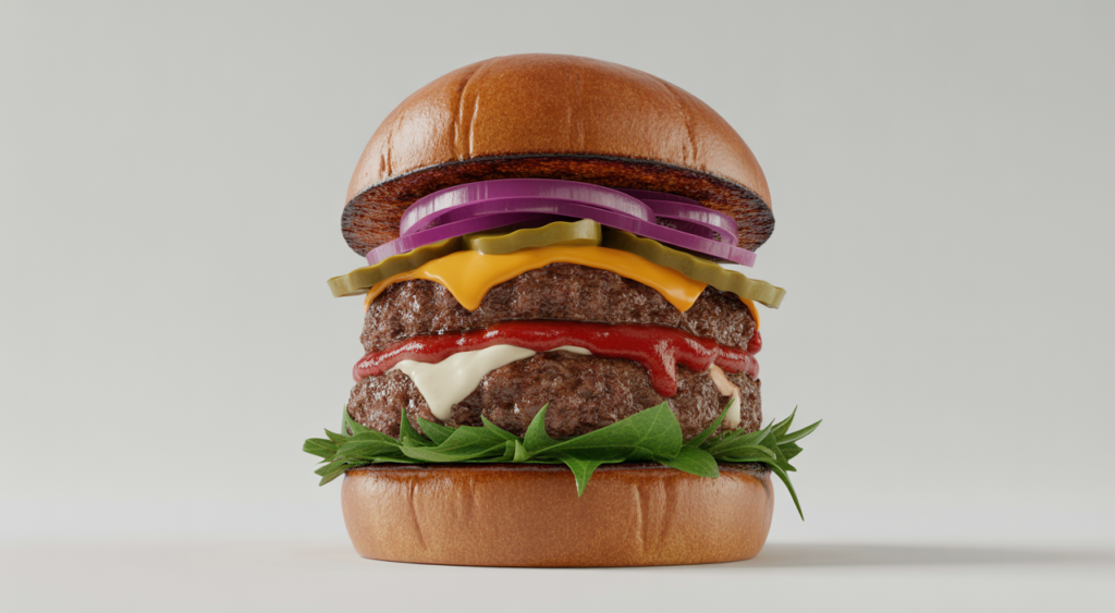 Gourmet multi-layered burger with fresh ingredients, representing unique Caribbean flavor.