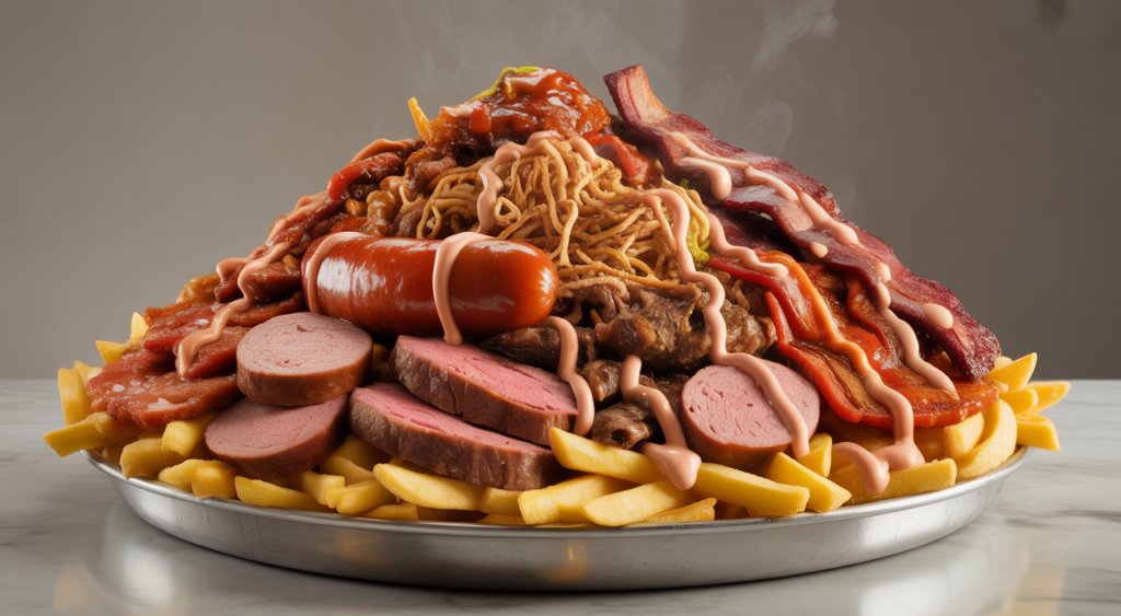 Gourmet Salchipapa Costeña platter with mixed meats and sauces