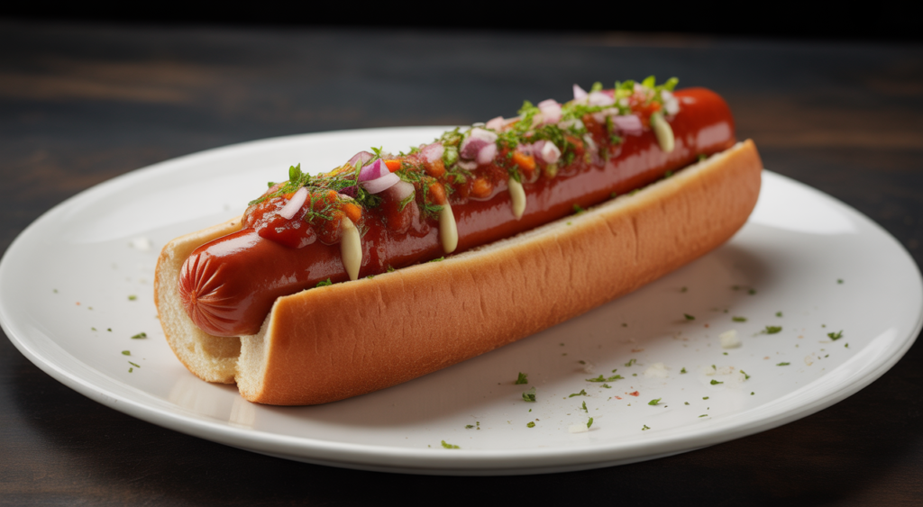 Giant gourmet hot dog with fresh toppings on a white plate