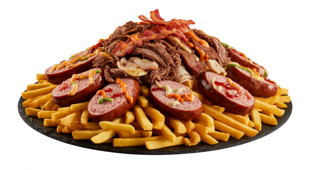 Authentic Colombian Salchipapa Costeña with fries, various meats, and sauces.