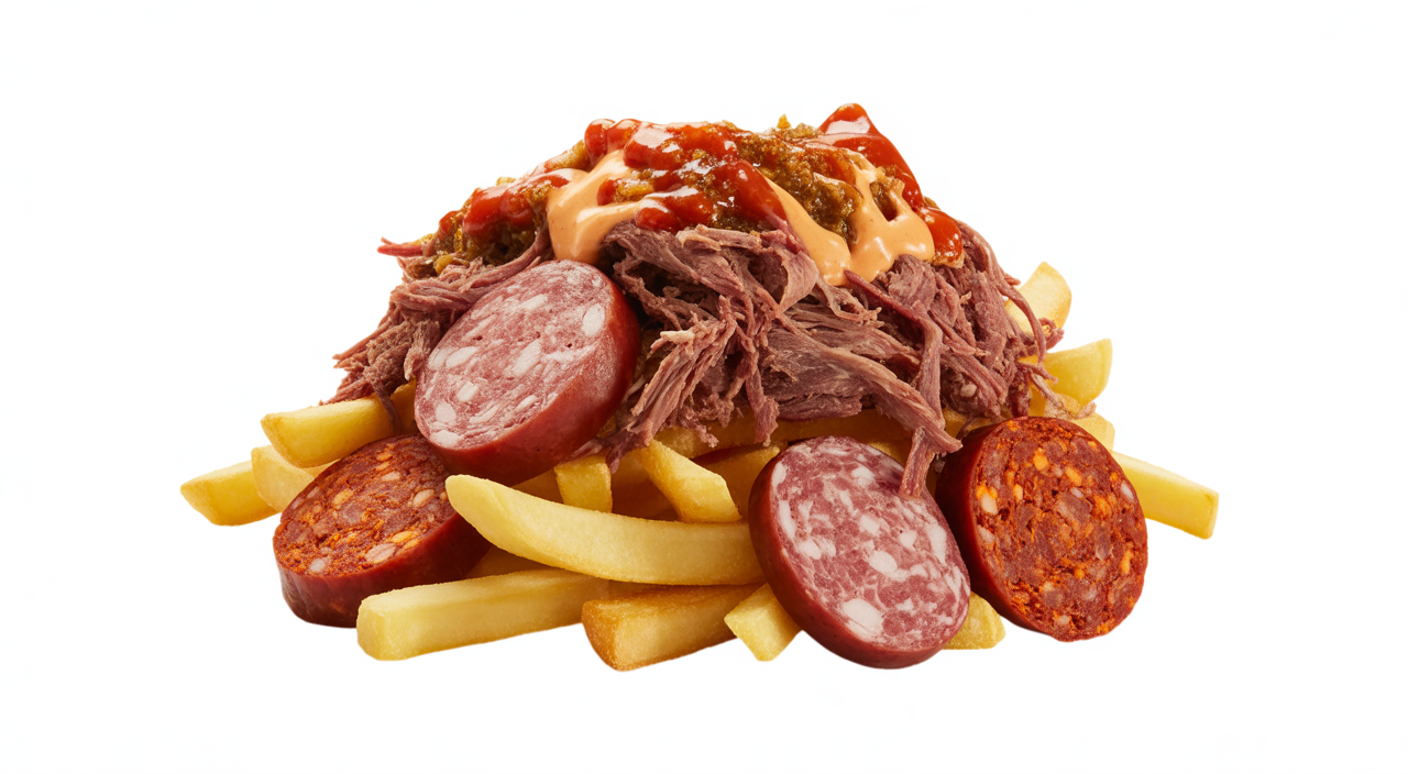 Salchipapa costeña con variedad de carnes, papas fritas, salsas y vegetales