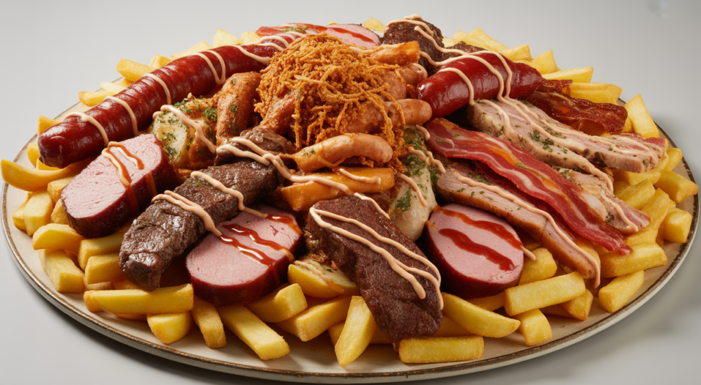 Abundant and varied Salchipapa Costeña dish with various meats, sausages, and fries on a white background, ready to be served.