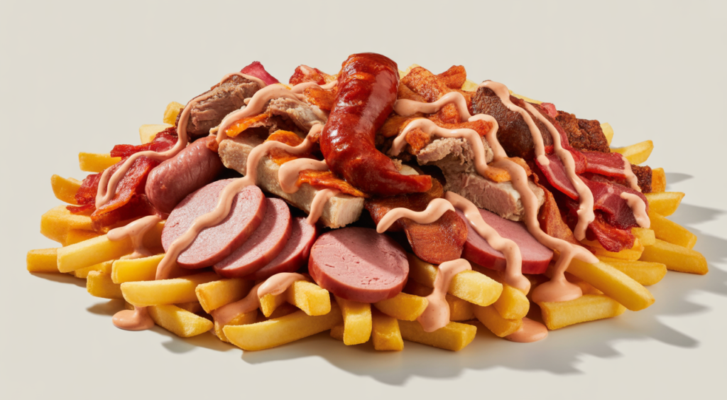 Delicious and abundant Salchipapa Costeña with various meats and sauces.