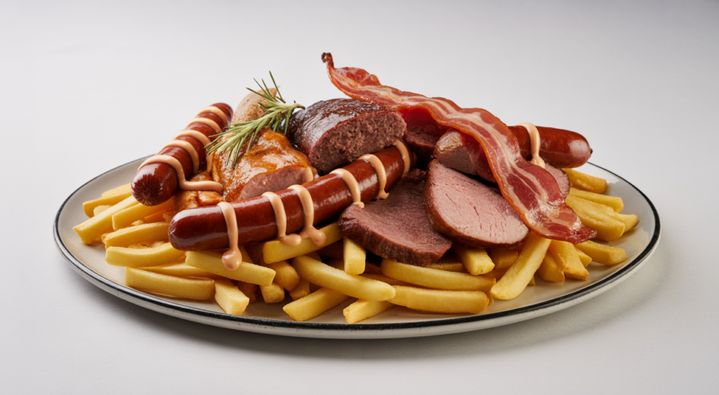 Authentic Salchipapas Costeñas from La Marimonda del Mono, a large plate with fries, sausages, meats, and sauces on a white background