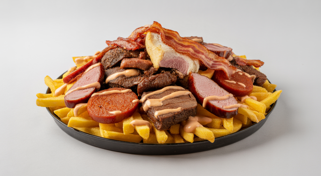 Generous serving of Colombian salchipapa costeña with various meats and fries, showcasing rich flavors and professional presentation.