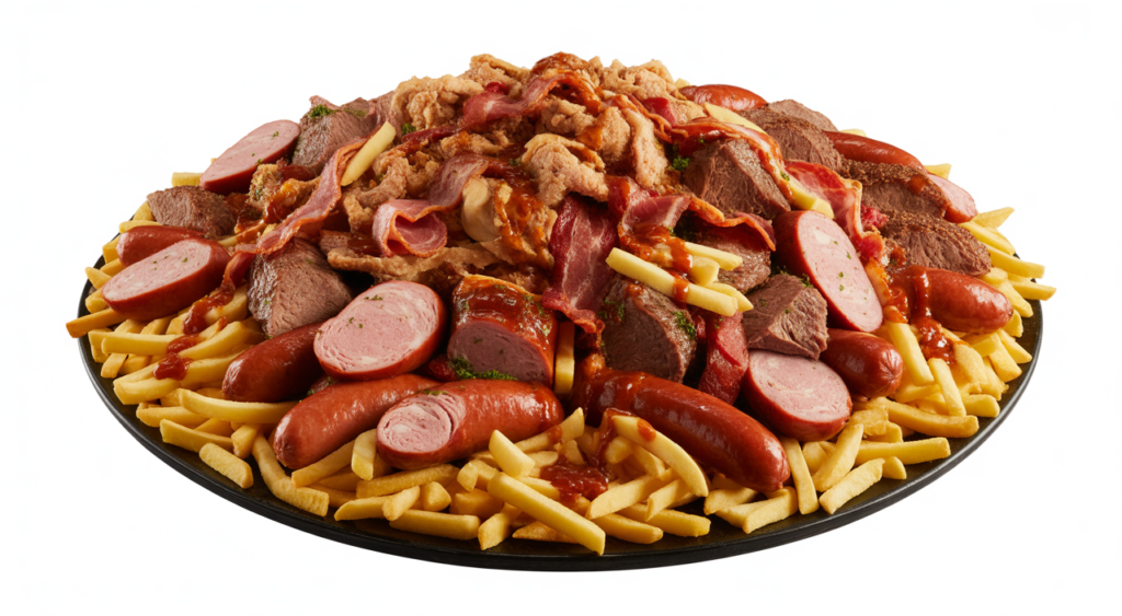 Large authentic Colombian salchipapa costeña with fries, sausages, chicken, beef, bacon, and sauces on a white background