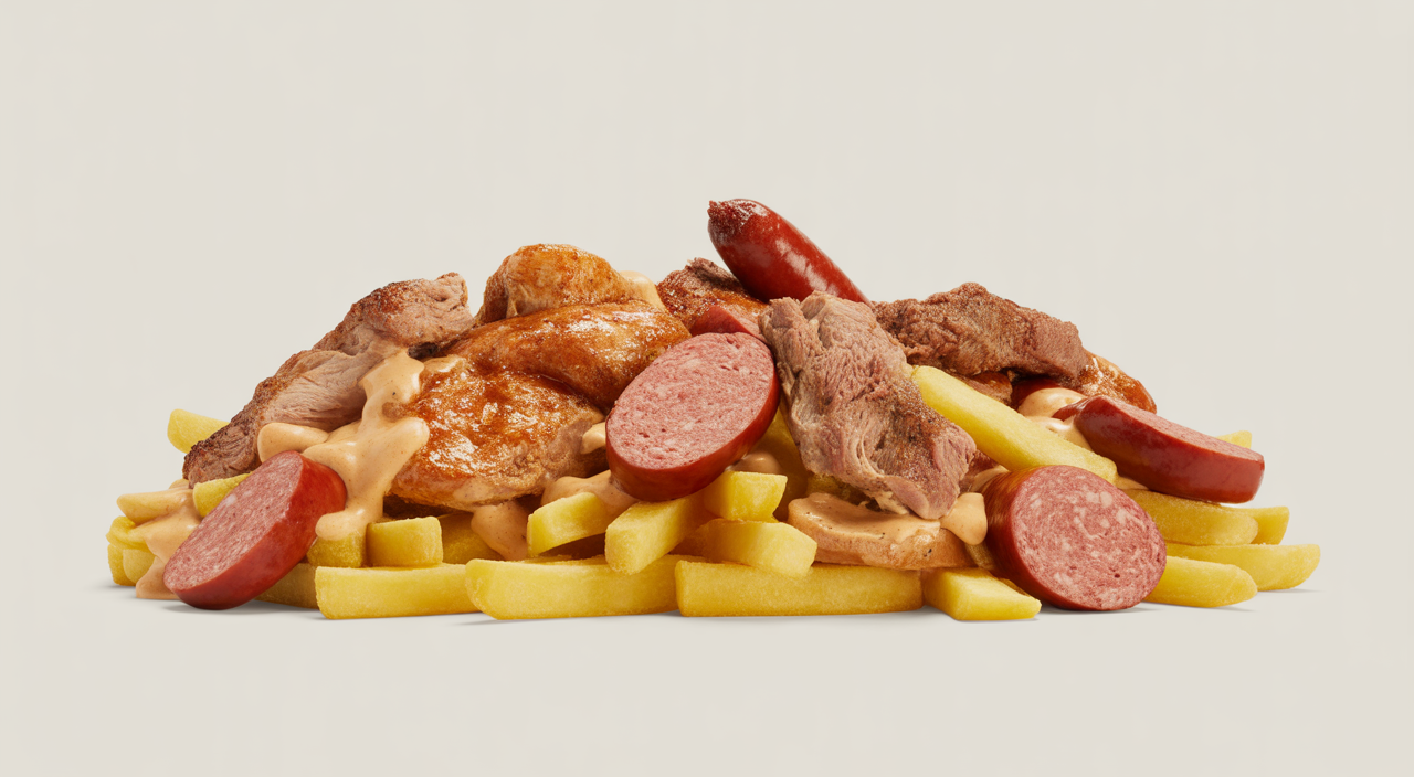 Salchipapa costeña con butifarra y diferentes carnes, servida en La Marimonda del Mono