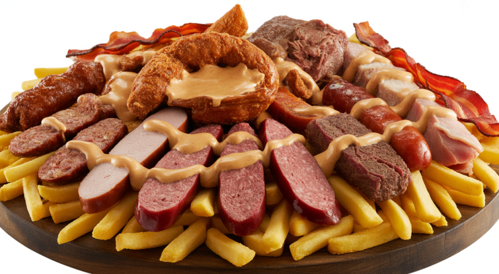 Abundant and vibrant Colombian Salchipapa Costeña with assorted grilled meats, fries, and special sauce.