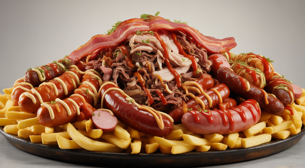 High-angle shot of a generously loaded Salchipapa Costeña from La Marimonda del Mono, showcasing crispy fries, various meats, and vibrant sauces on a white background.