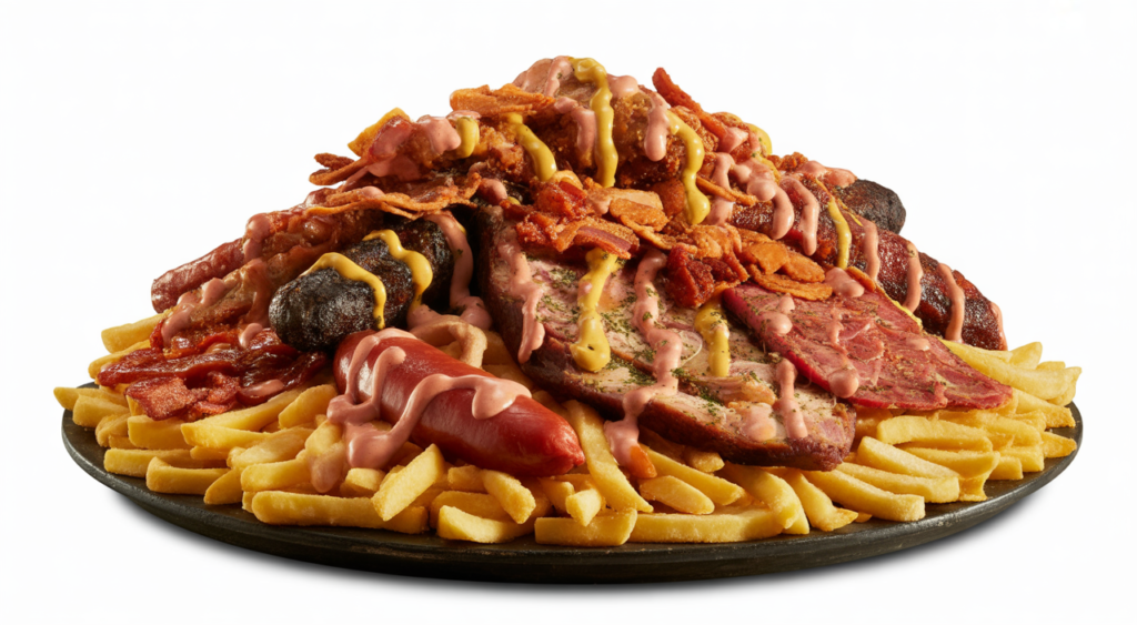 Hero shot of a generously portioned Salchipapa Costeña from La Marimonda del Mono, featuring crispy fries, assorted grilled meats, and special sauces on a clean background.