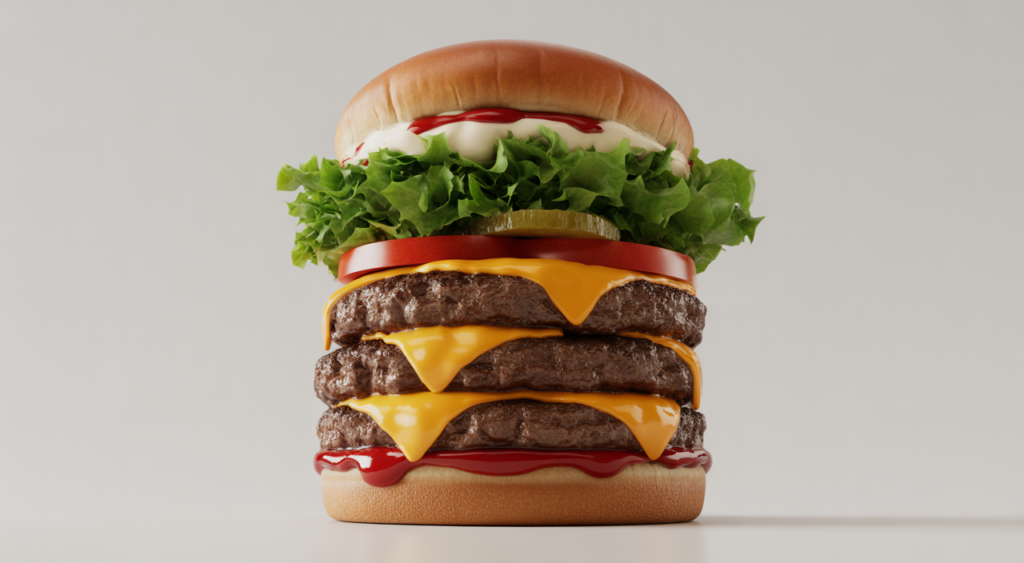 Gourmet hamburger with multiple patties and fresh ingredients on a neutral background, representing unique Caribbean flavors in Bogotá.