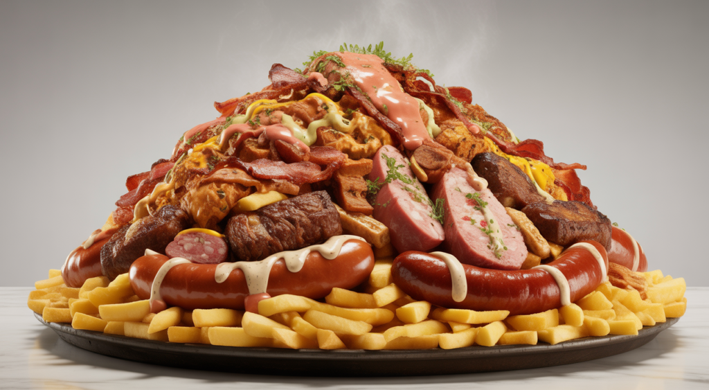 Giant coastal salchipapa, a popular Colombian dish, with fries, sausages, chicken, beef, bacon, and various sauces, served on a white background, ready for sharing.