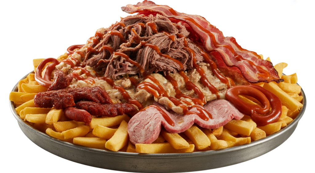 Plato principal de salchipapas costeñas gigantes, con papas fritas, salchichas, carne desmechada, pollo y salsas.