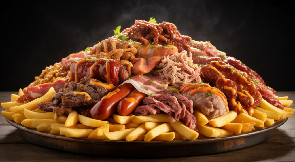 Abundant platter of Colombian Salchipapa Costeña with fries, various meats, and sauces on a white background