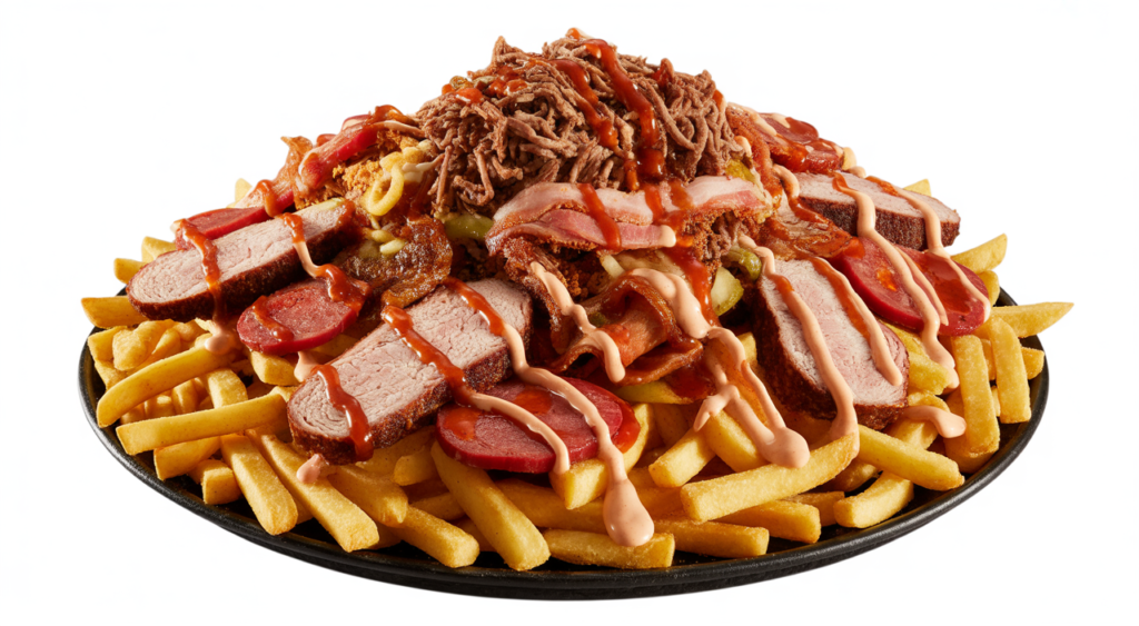 A large, professionally photographed plate of Salchipapa Costeña with crispy fries, assorted meats, and creamy sauces, ready to be enjoyed.