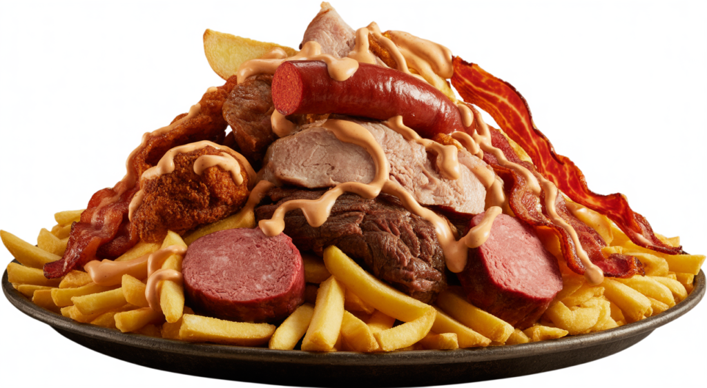 Close-up of a large, vibrant Salchipapa Costeña with various meats, fries, and sauces, served in a wide dish