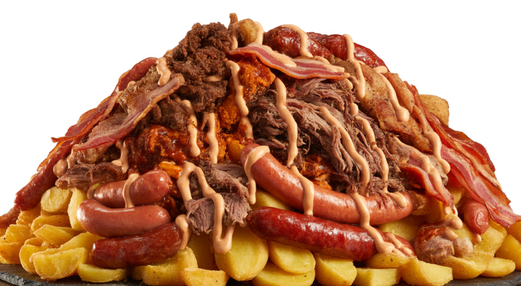 Massive, overflowing Colombian salchipapa with various meats and sauces, presented as the largest in Bogotá