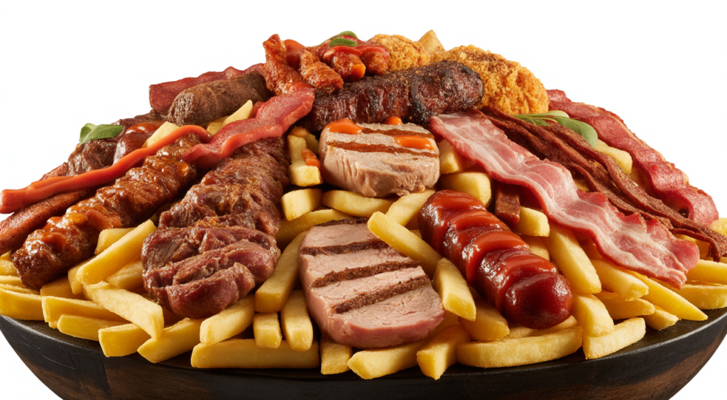 Authentic Colombian coastal salchipapa from La Marimonda del Mono, overflowing with meats and crispy fries, ready to be enjoyed.