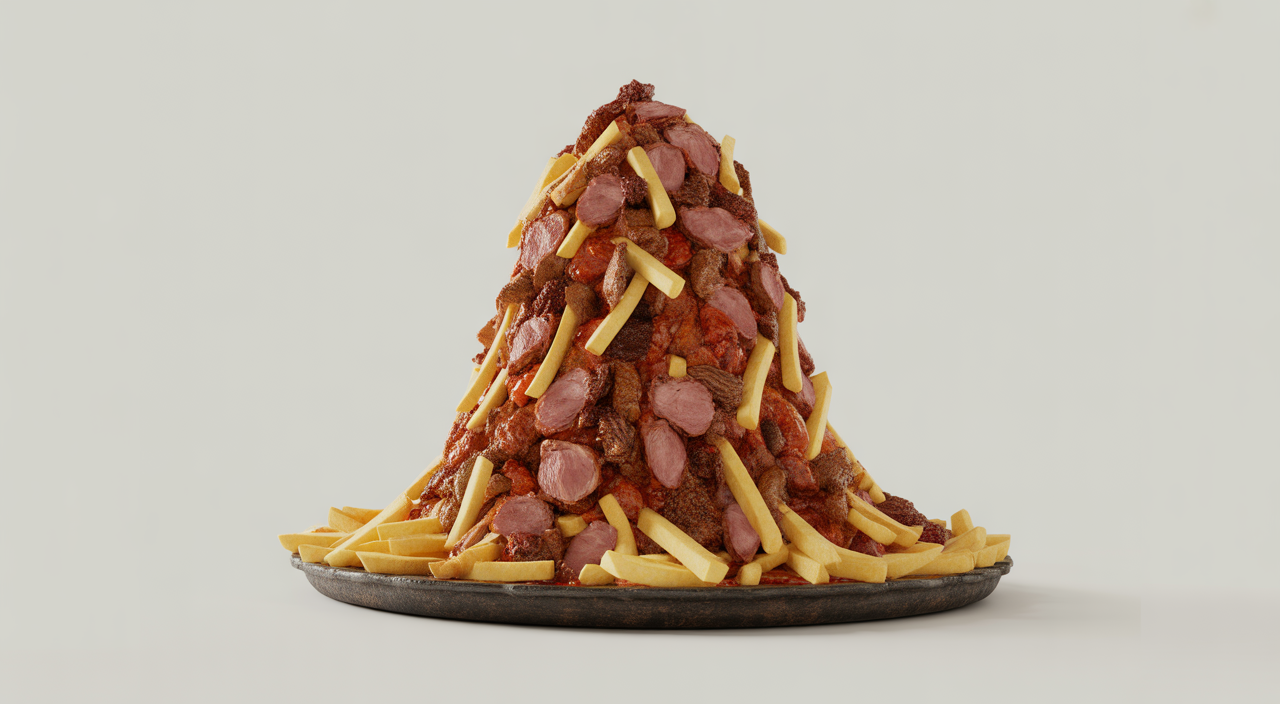 A mouth-watering Salchipapa dish from La Marimonda del Mono, loaded with fries and various meats.