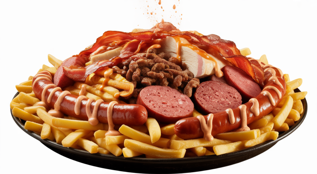 Hero shot of a generously portioned Salchipapas Costeñas platter with fries, various meats, and sauces on a white background