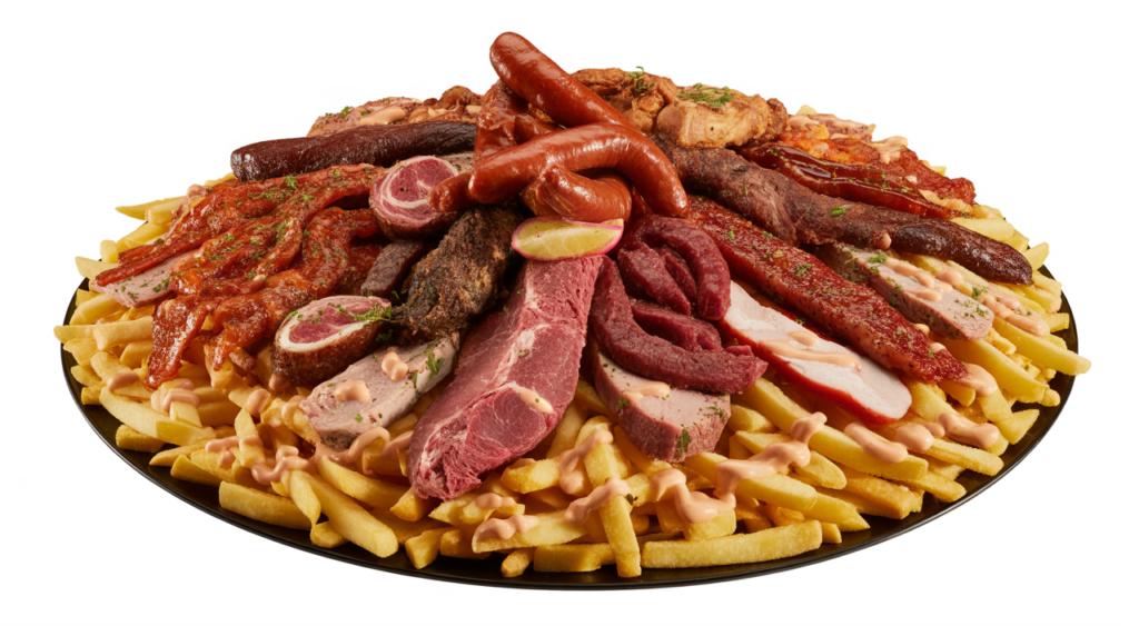 Hero image of a large, gourmet costeña salchipapa with assorted meats and crispy fries.