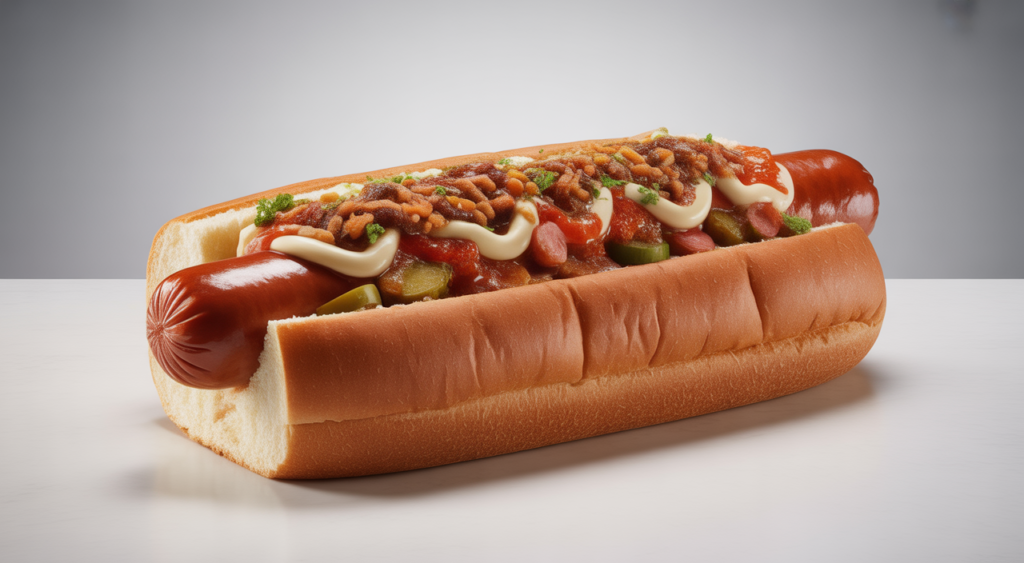 Giant 30cm hot dog with gourmet toppings on a clean white background, showcasing its impressive size and delicious appearance.