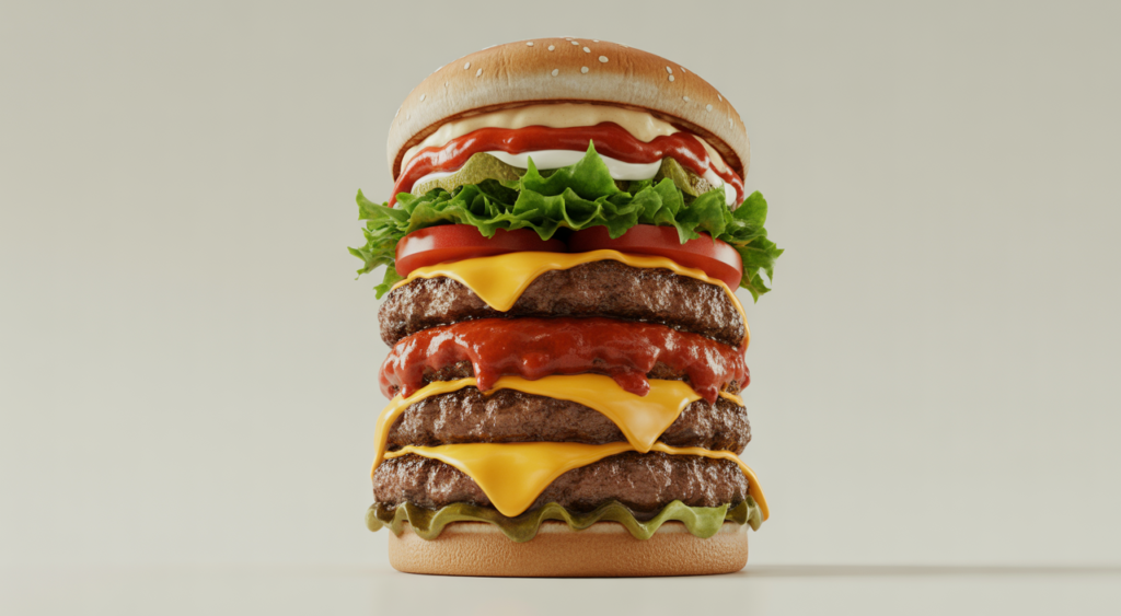 Four-story gourmet hamburger, showcasing its impressive height and fresh ingredients, on a clean background.