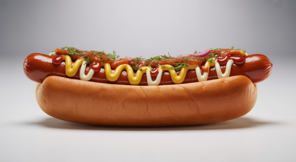 Giant 30cm Colombian-style hot dog with fresh toppings and sauces, featured on a clean background.