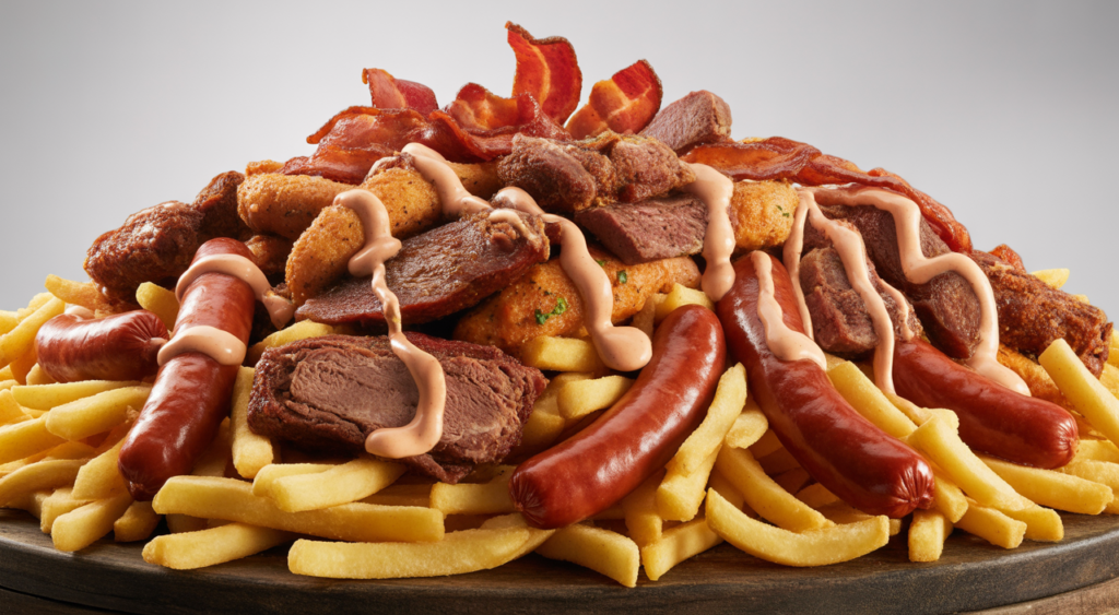 Professional wide-angle photograph of a richly loaded Colombian coastal-style salchipapa with fries, sausages, meats, and sauces, against a clean white background.
