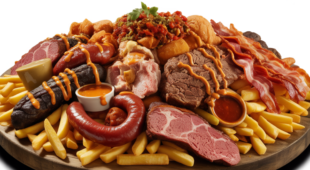 Abundant and delicious "Salchipapa Costeña" with various meats and sauces, featured on a white background.