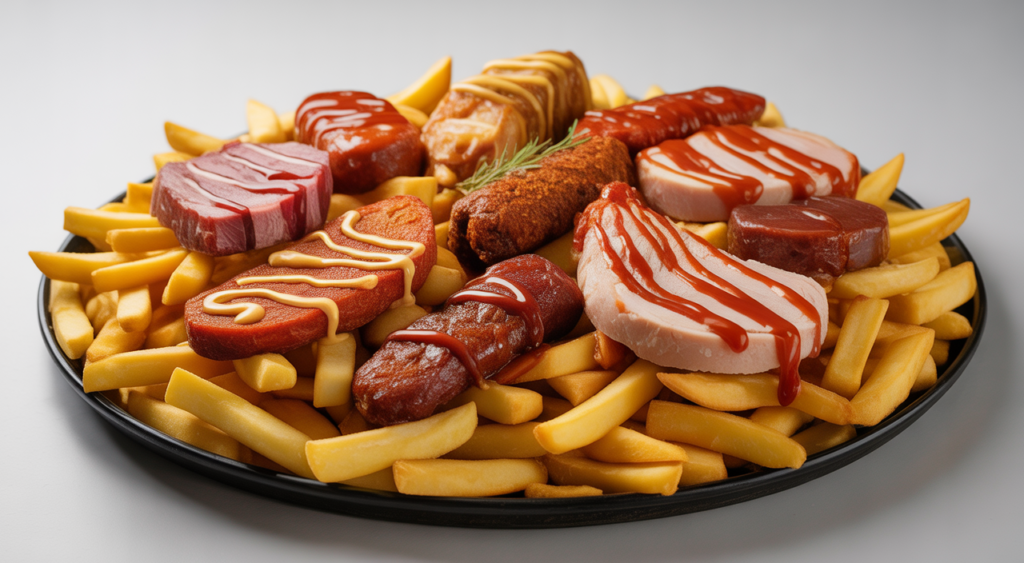 Close-up hero shot of a large, gourmet Salchipapa dish with crispy fries, various meats including butifarra and chorizo, and creamy sauces, on a clean white background, showcasing a vibrant coastal Colombian street food.